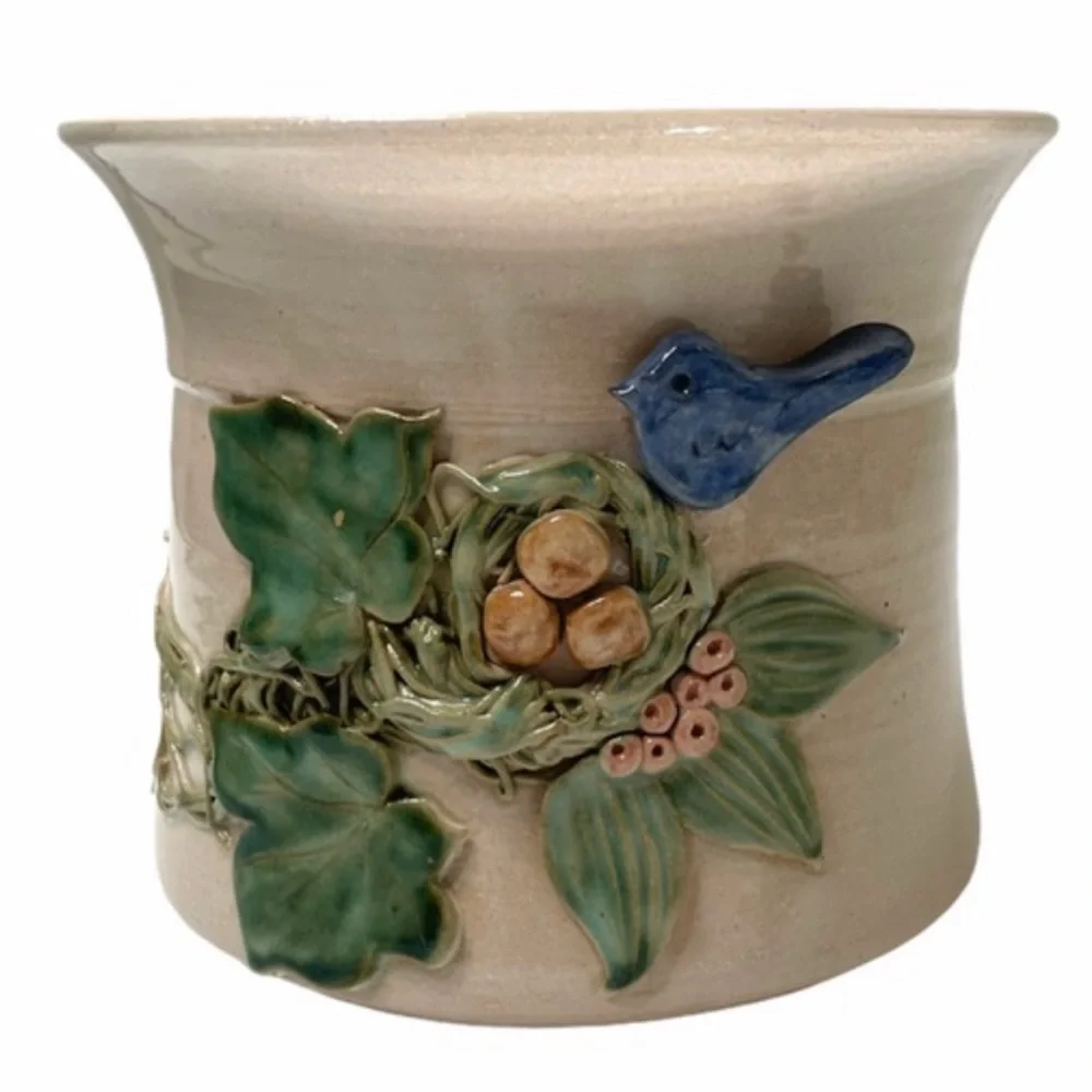 Hand Crafted Pottery Artisan Handmade Adornments Bird Nest Floral Ivy Blue Green